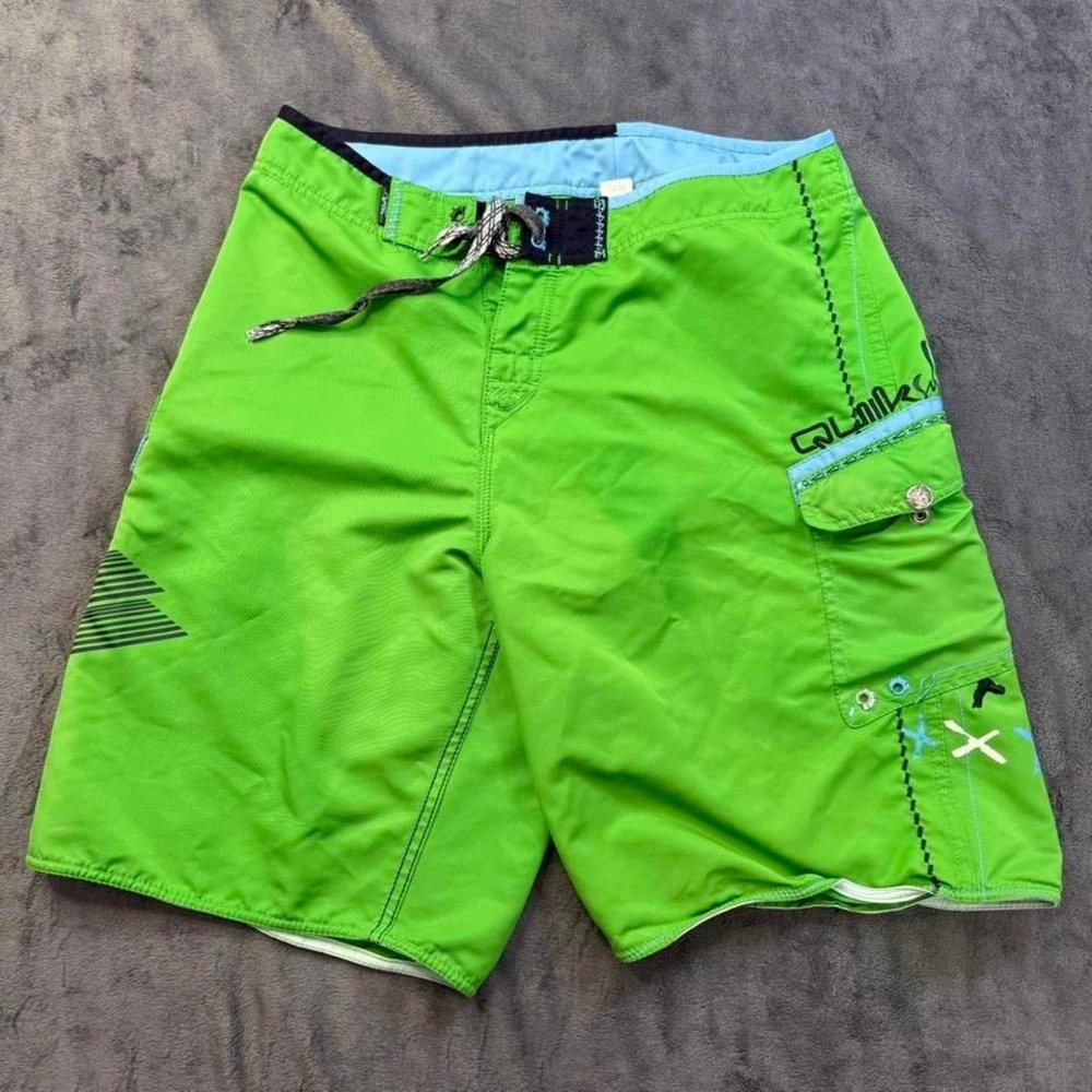 Quiksilver Board Shorts Men's 33 Neon Green Y2K Surf Skate Graphic Swim Trunks